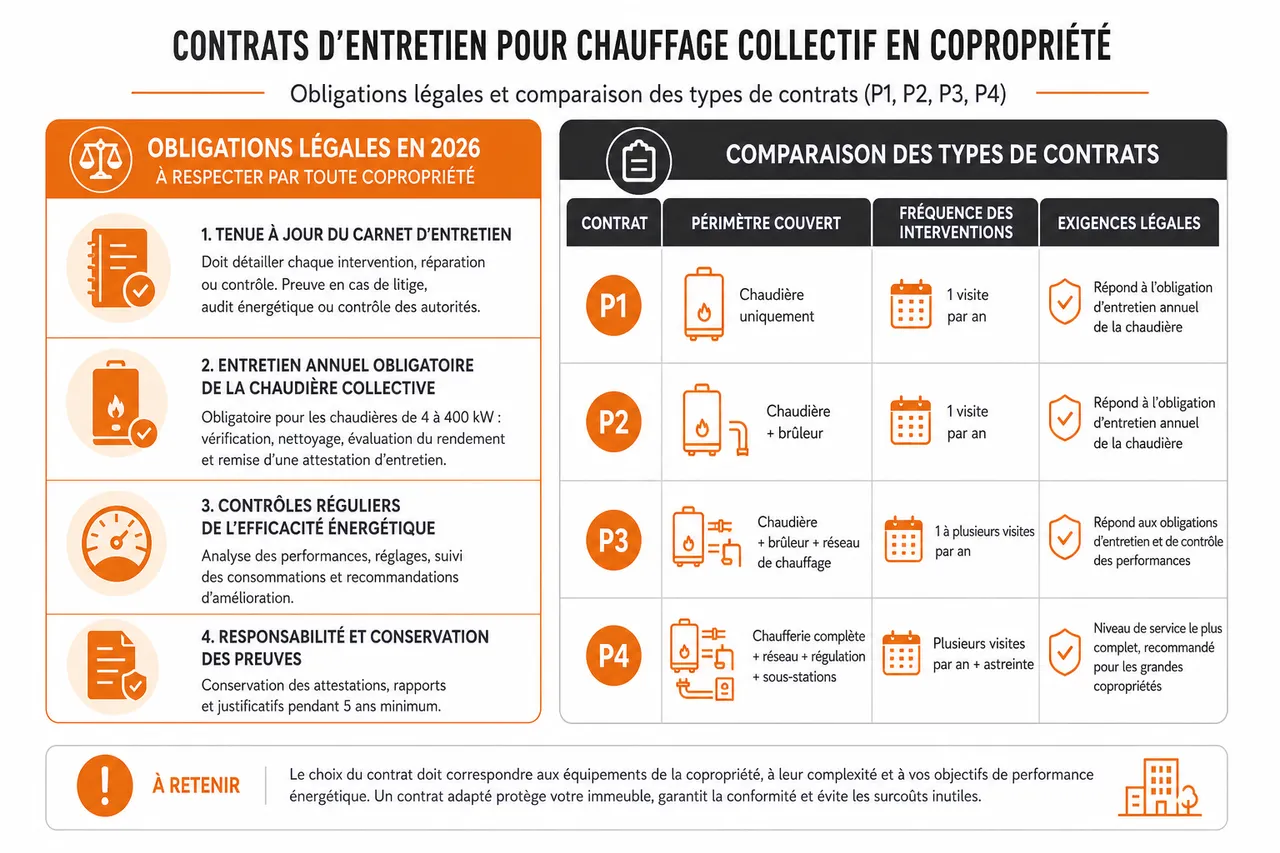 Contrat d’entretien pour chauffage collectif en copropriété comment protéger votre immeuble sans surpayer , Obligations légales et comparaison des types de contrats (P1, P2, P3, P4)