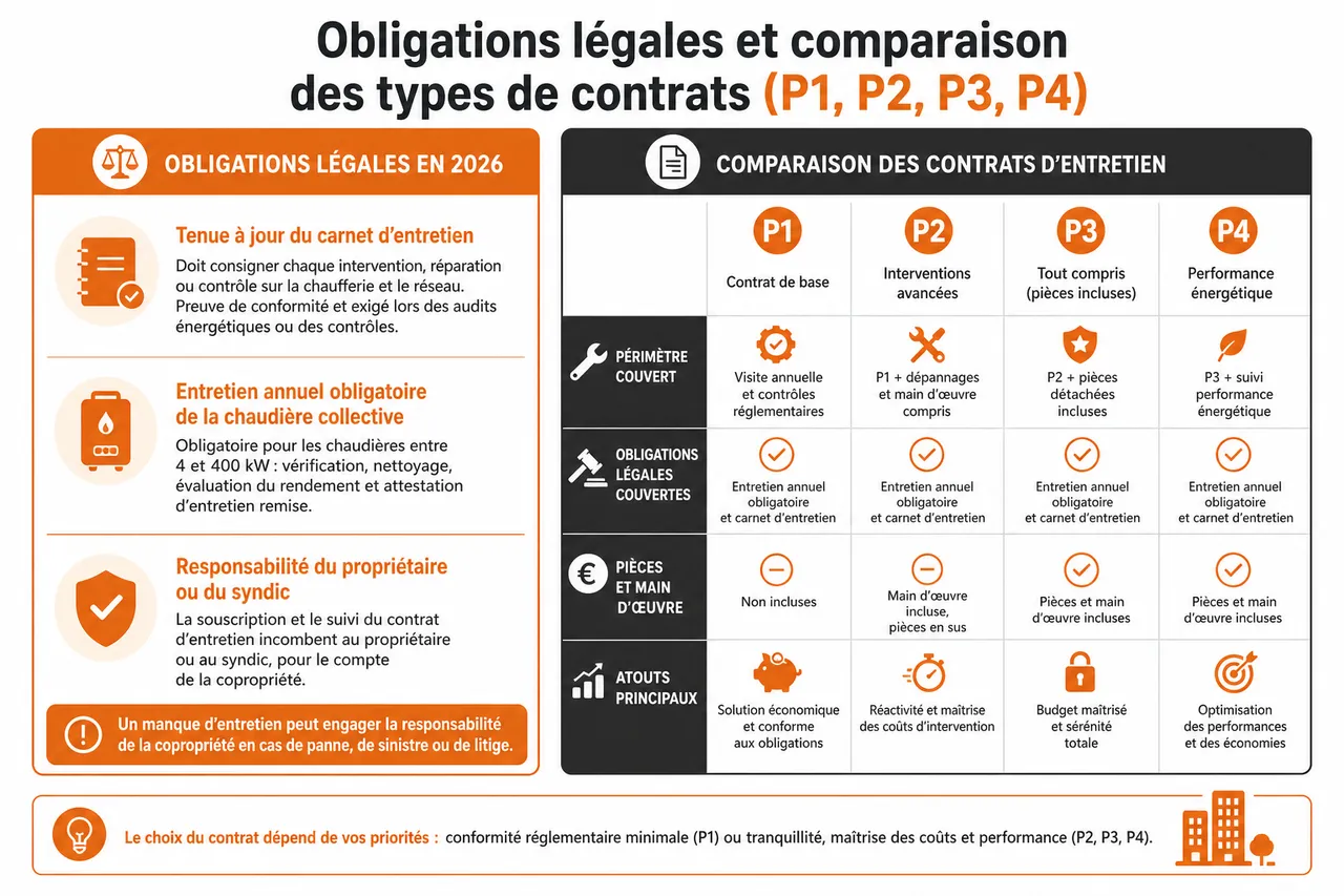Contrat d’entretien pour chauffage collectif en copropriété comment protéger votre immeuble sans surpayer , Obligations légales et comparaison des types de contrats (P1, P2, P3, P4)