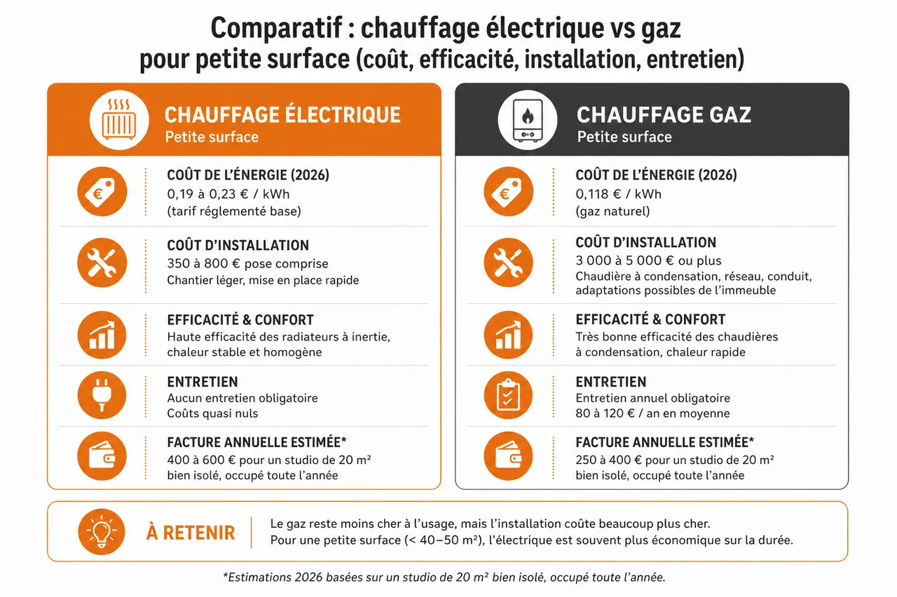 Chauffage électrique ou gaz pour une petite surface comment trancher quand le budget est serré , Comparatif: chauffage électrique vs gaz pour petite surface (coût, efficacité, installation, entretien)