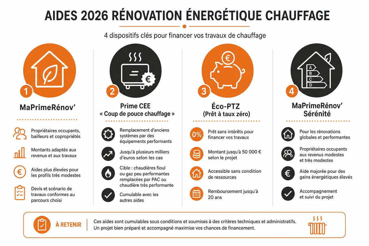 Rénovation énergétique de votre chauffage en 2026 quelles aides demander en premier quand on n’y connaît rien , Panorama des aides à la rénovation énergétique du chauffage en 2026