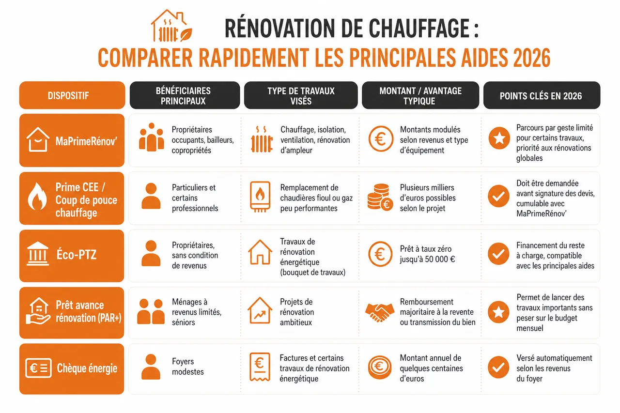 Rénovation énergétique de votre chauffage en 2026 quelles aides demander en premier quand on n’y connaît rien , Rénovation de chauffage: comparer rapidement les principales aides 2026