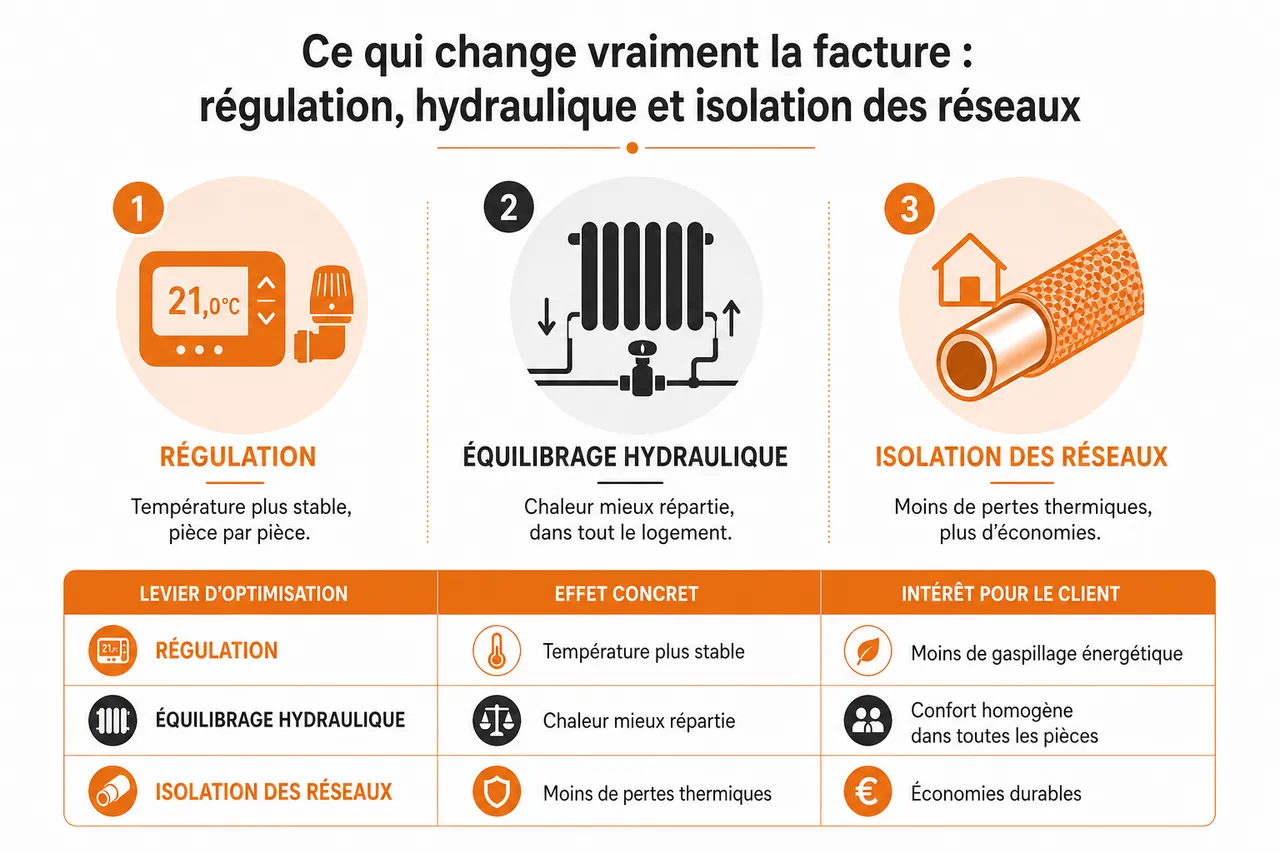 Service de chauffage dans les Hauts-de-Seine: entretien, réparation et optimisation de votre installation , Ce qui change vraiment la facture: régulation, hydraulique et isolation des réseaux
