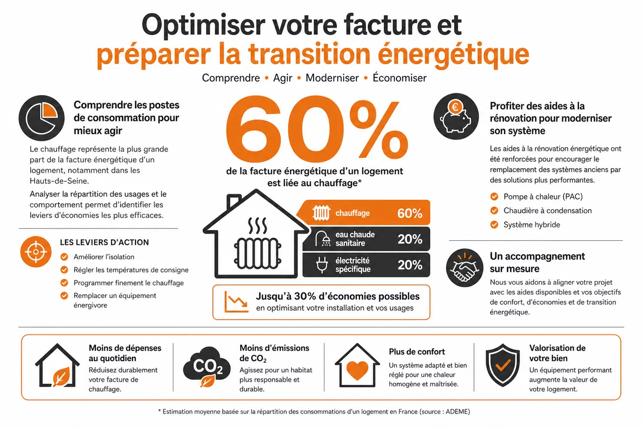 Entreprise de chauffage dans les Hauts-de-Seine: installation, dépannage et conseils pour réduire vos factures , Optimiser votre facture et préparer la transition énergétique