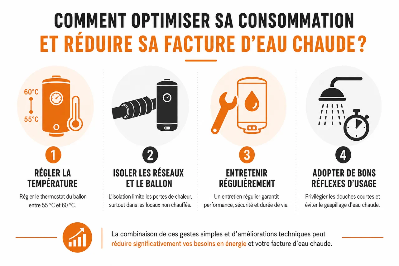 Chauffage de l’eau sanitaire: quelles solutions pour consommer moins sans perdre en confort? , Comment optimiser sa consommation et réduire sa facture d’eau chaude?
