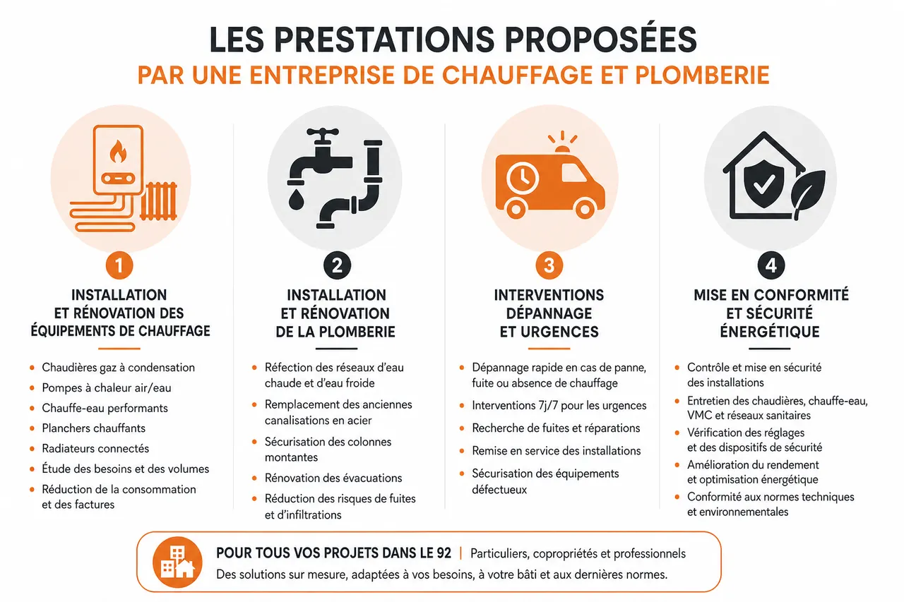 Entreprise de chauffage et plomberie dans le 92, votre seul interlocuteur pour tous vos travaux et dépannages , Les prestations proposées par une entreprise de chauffage et plomberie