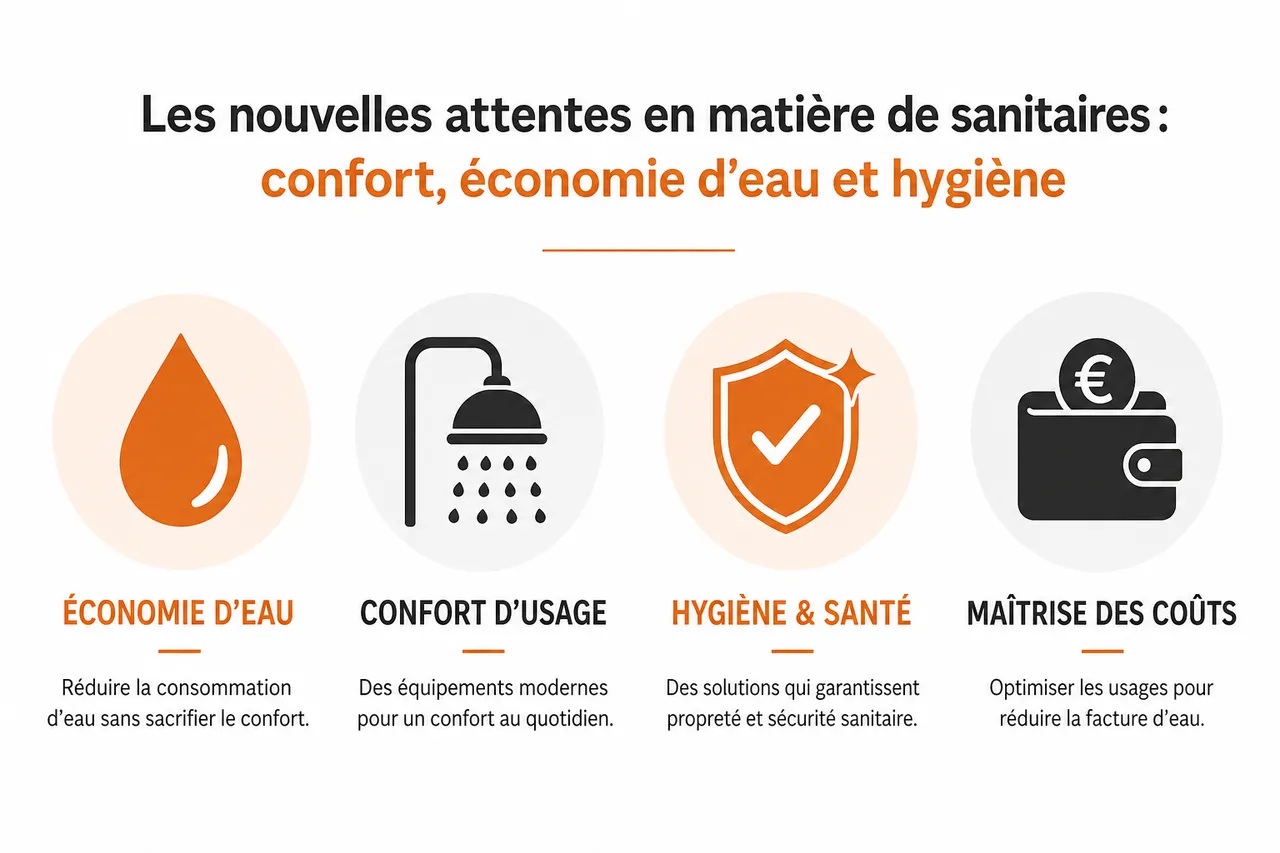 Installation de sanitaires dans les Hauts-de-Seine avec douche, WC et salle de bains clé en main , Les nouvelles attentes en matière de sanitaires: confort, économie d’eau et hygiène