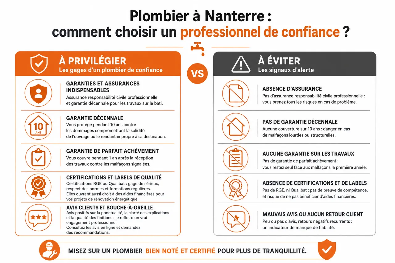 Plombier à Nanterre, à qui s’adresser pour un dépannage rapide et des travaux de plomberie de qualité? , Garanties, certifications et avis clients: comment choisir un plombier de confiance à Nanterre?
