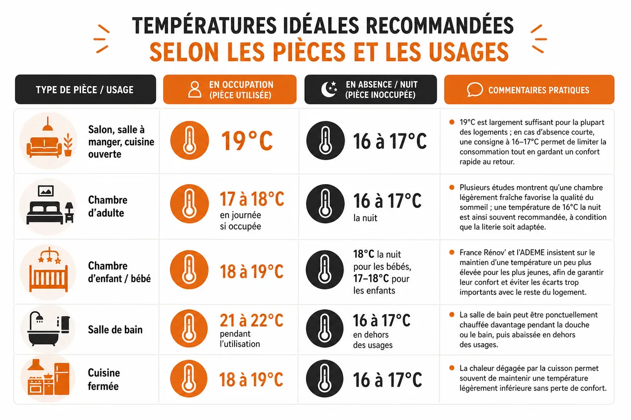 Quelle température idéale pour chauffer un logement sans surconsommer? , Quelles sont les températures idéales recommandées selon les pièces et les usages?