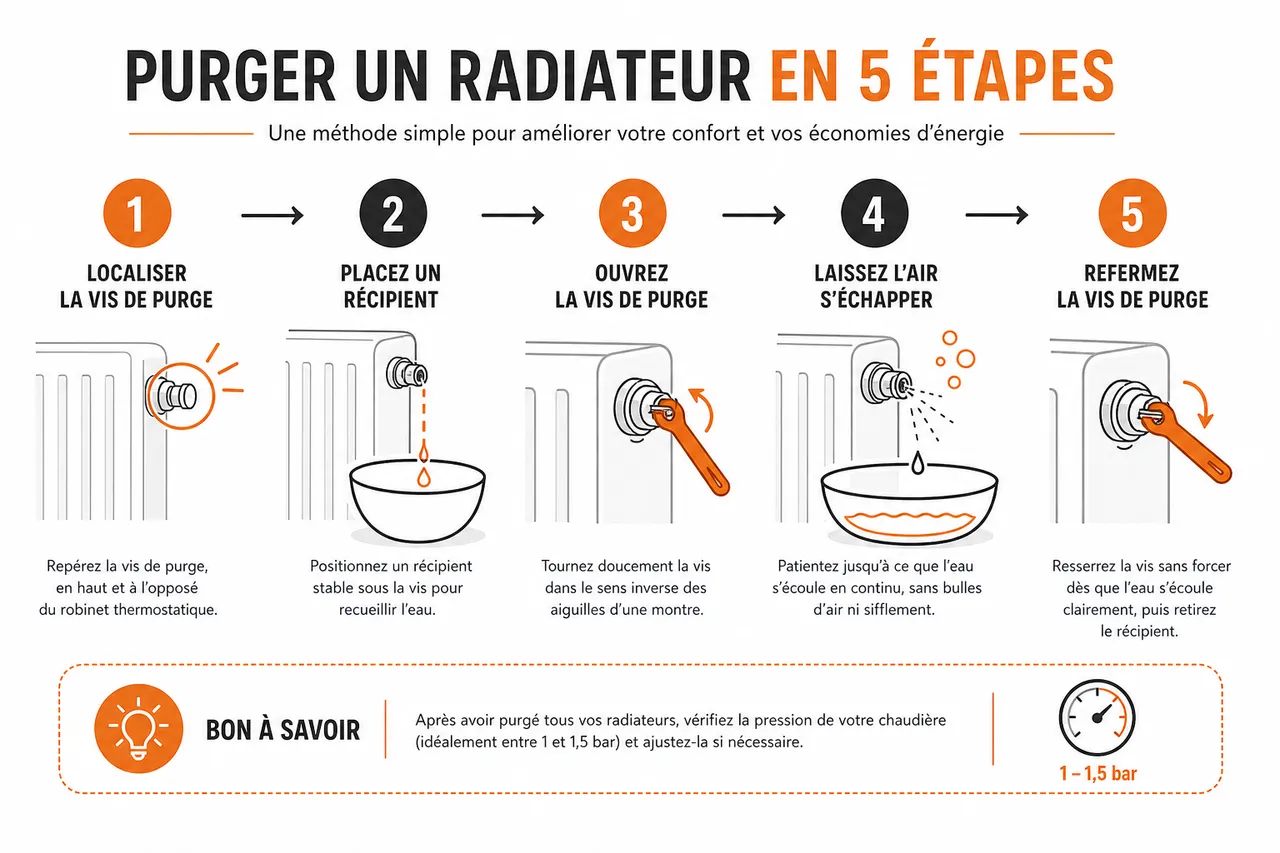 Purger un radiateur en 5 étapes quand il chauffe mal , Étapes pour purger un radiateur soi-même