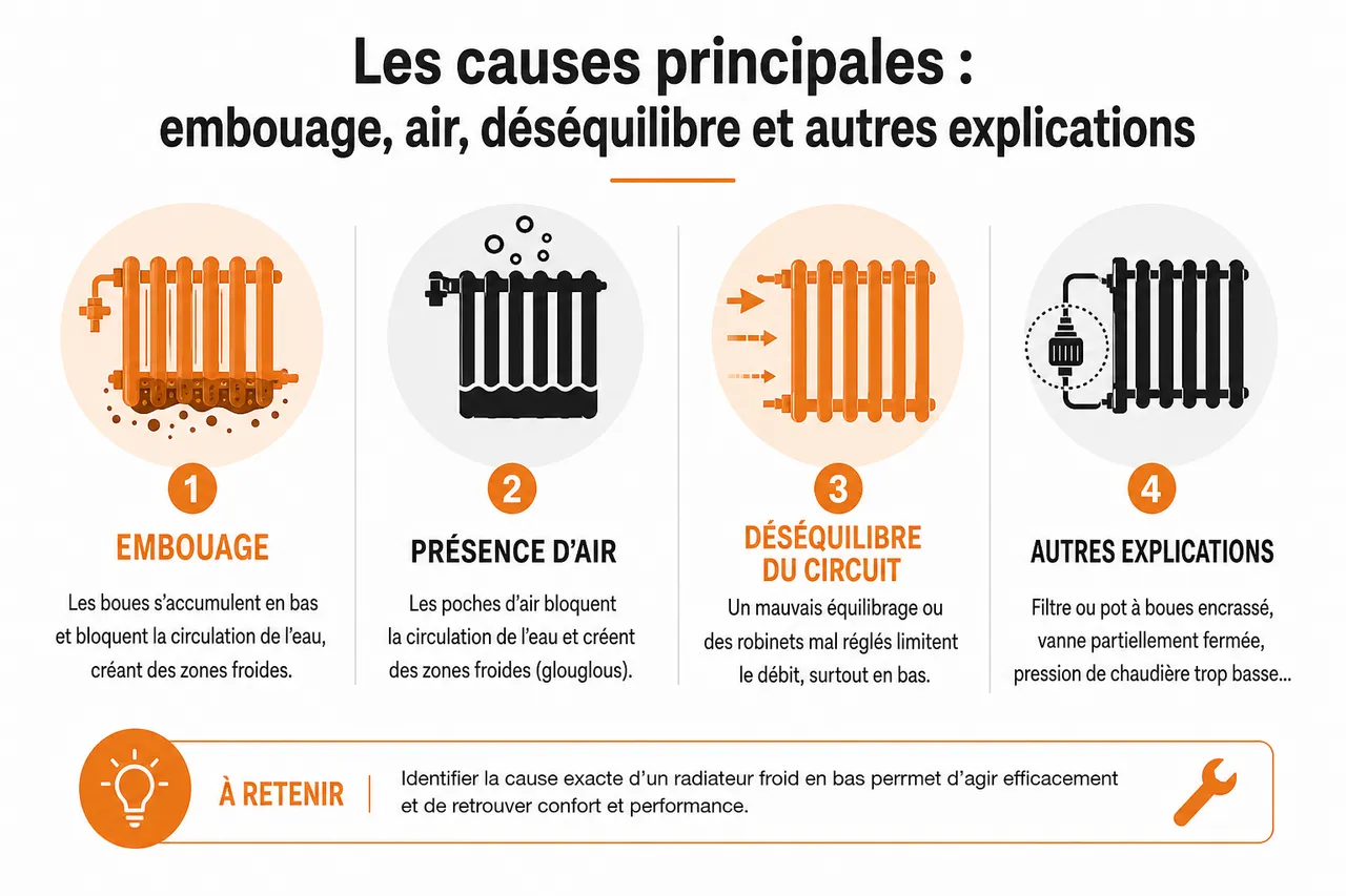 Radiateur froid en bas, faut-il s’inquiéter? , Les causes principales: embouage, air, déséquilibre et autres explications