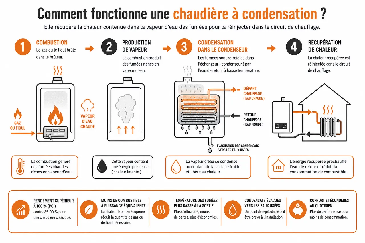 Chaudière à condensation pour débutants, ce qu’il faut comprendre avant de choisir , Comment fonctionne une chaudière à condensation?