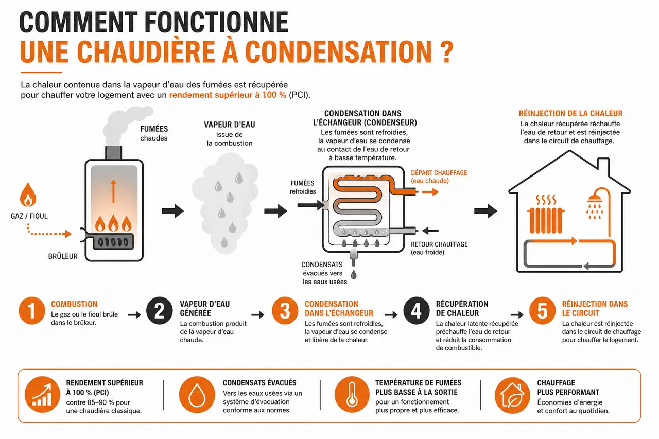 Chaudière à condensation pour débutants, ce qu’il faut comprendre avant de choisir , Comment fonctionne une chaudière à condensation?