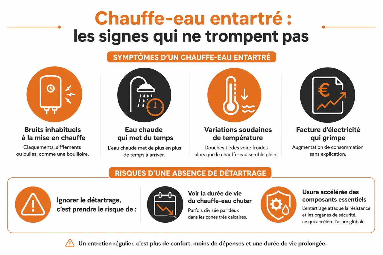 Détartrage de chauffe-eau, quand l’eau dure finit par faire baisser les performances , Quels sont les signes d’un chauffe-eau entartré et les risques d’une absence de détartrage?