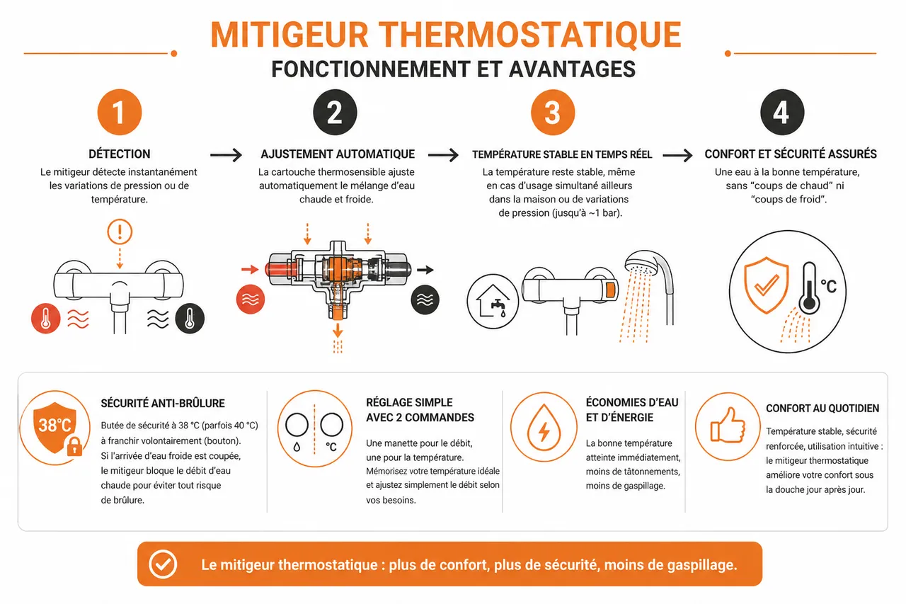 Mitigeur thermostatique, le détail qui améliore le confort sous la douche , Fonctionnement et avantages du mitigeur thermostatique