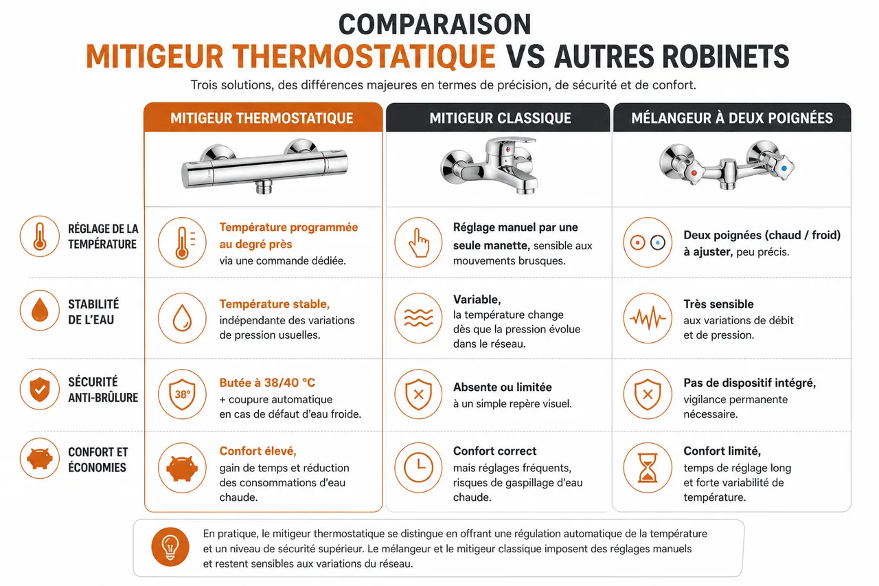 Mitigeur thermostatique, le détail qui améliore le confort sous la douche , Comparaison: mitigeur thermostatique vs autres robinets