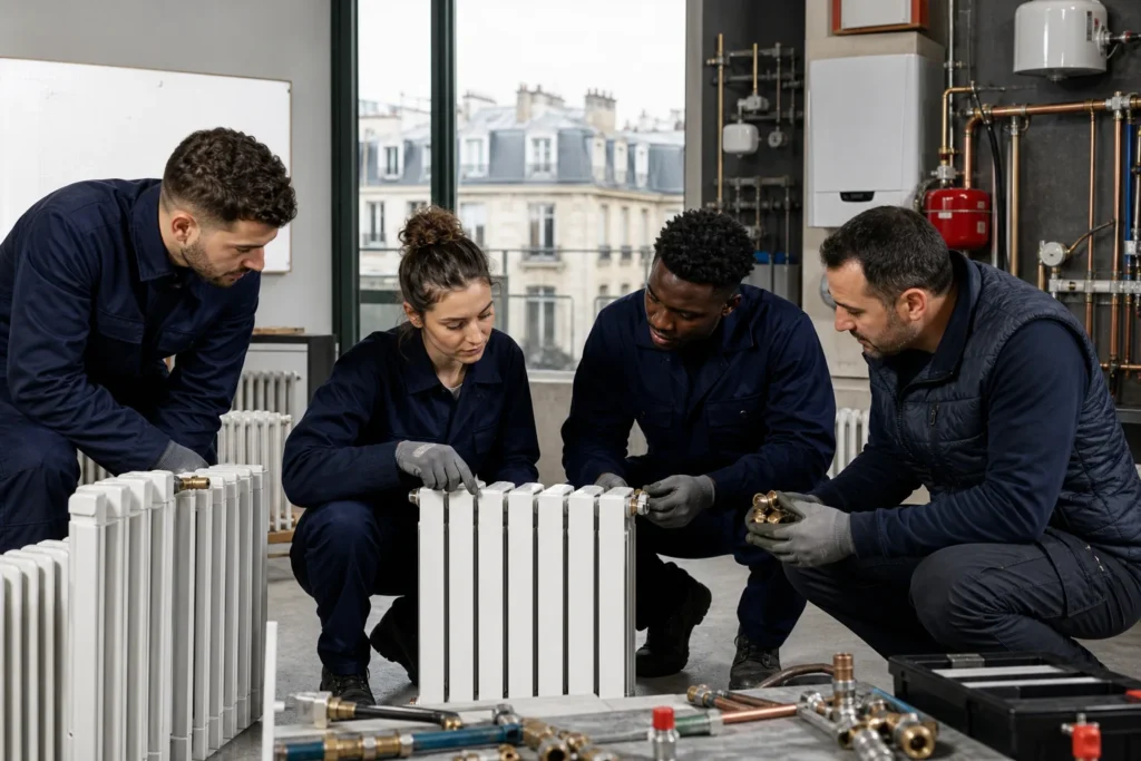 Installation de radiateurs pour chauffage central dans une pièce moderne