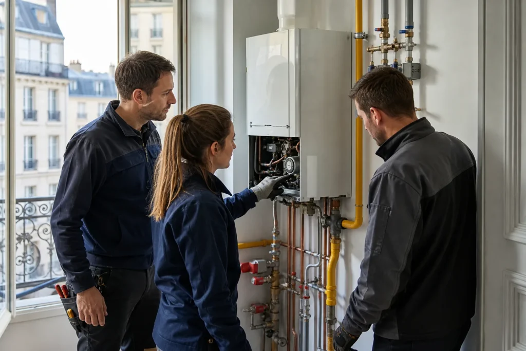 Technicien vérifiant une installation gaz dans un appartement