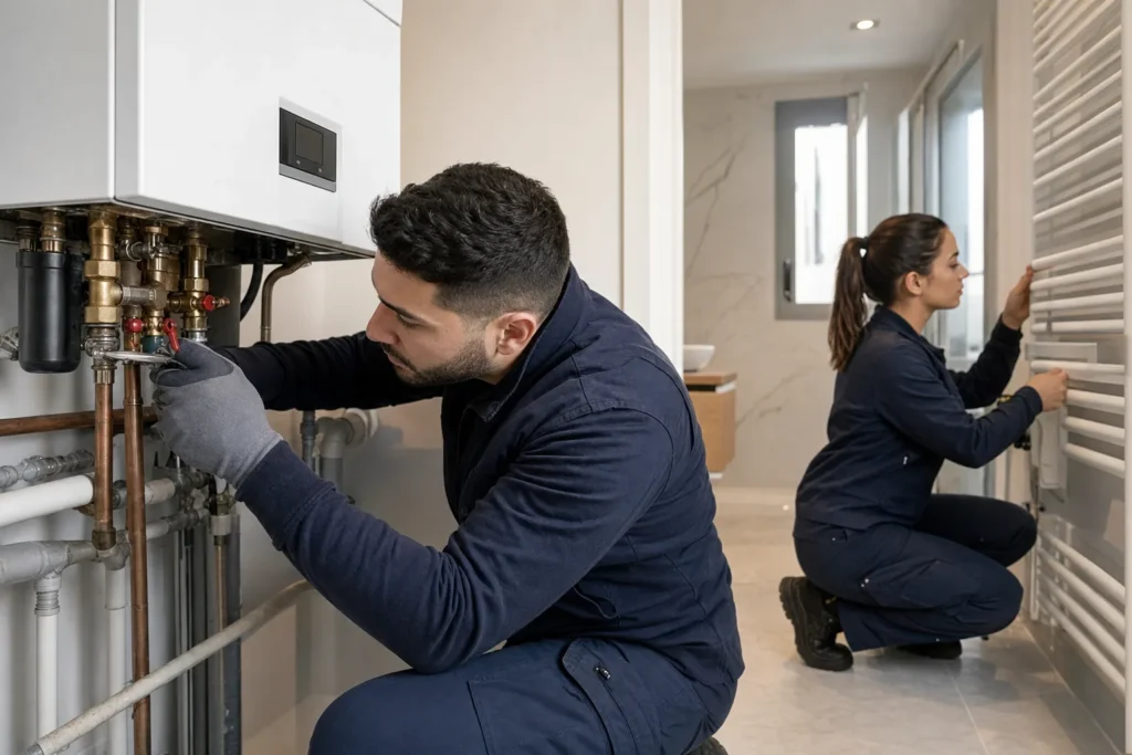Techniciens en chauffage et plomberie dans le 92 travaillant ensemble