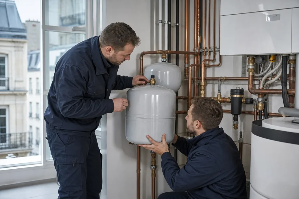 Vase d’expansion de chaudière avec composants et raccords professionnels