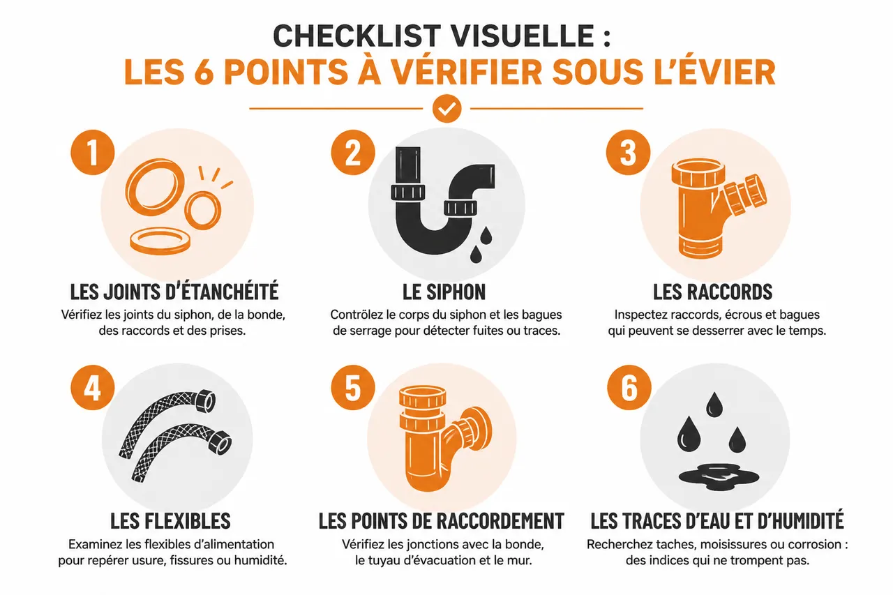 Fuite sous évier, les 6 vérifications à faire avant d’appeler un plombier 3 Fuite sous évier, les 6 vérifications à faire avant d’appeler un plombier , Checklist visuelle: les 6 points à vérifier sous l’évier