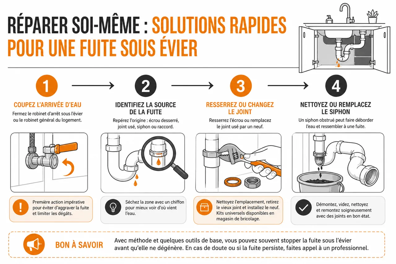 Fuite sous évier, les 6 vérifications à faire avant d’appeler un plombier 4 Fuite sous évier, les 6 vérifications à faire avant d’appeler un plombier , Réparer soi-même: solutions rapides pour une fuite sous évier