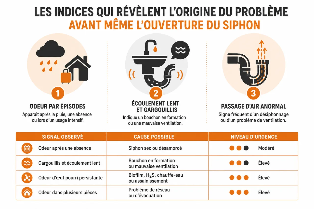 Mauvaise odeur dans les canalisations, d’où vient-elle vraiment ? 3 Mauvaise odeur dans les canalisations, d’où vient-elle vraiment? , Les indices qui révèlent l’origine du problème avant même l’ouverture du siphon