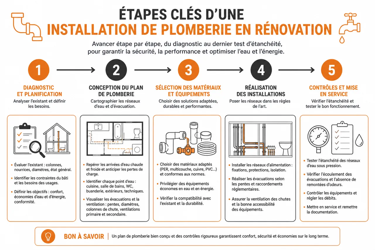 Installations de plomberie pour une rénovation complète, par où commencer 3 Installations de plomberie pour une rénovation complète, par où commencer , Étapes clés d’une installation de plomberie en rénovation