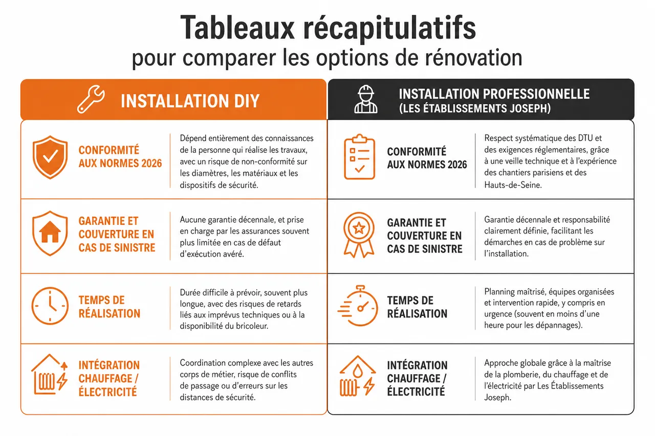 Installations de plomberie pour une rénovation complète, par où commencer 4 Installations de plomberie pour une rénovation complète, par où commencer , Tableaux récapitulatifs pour comparer les options de rénovation