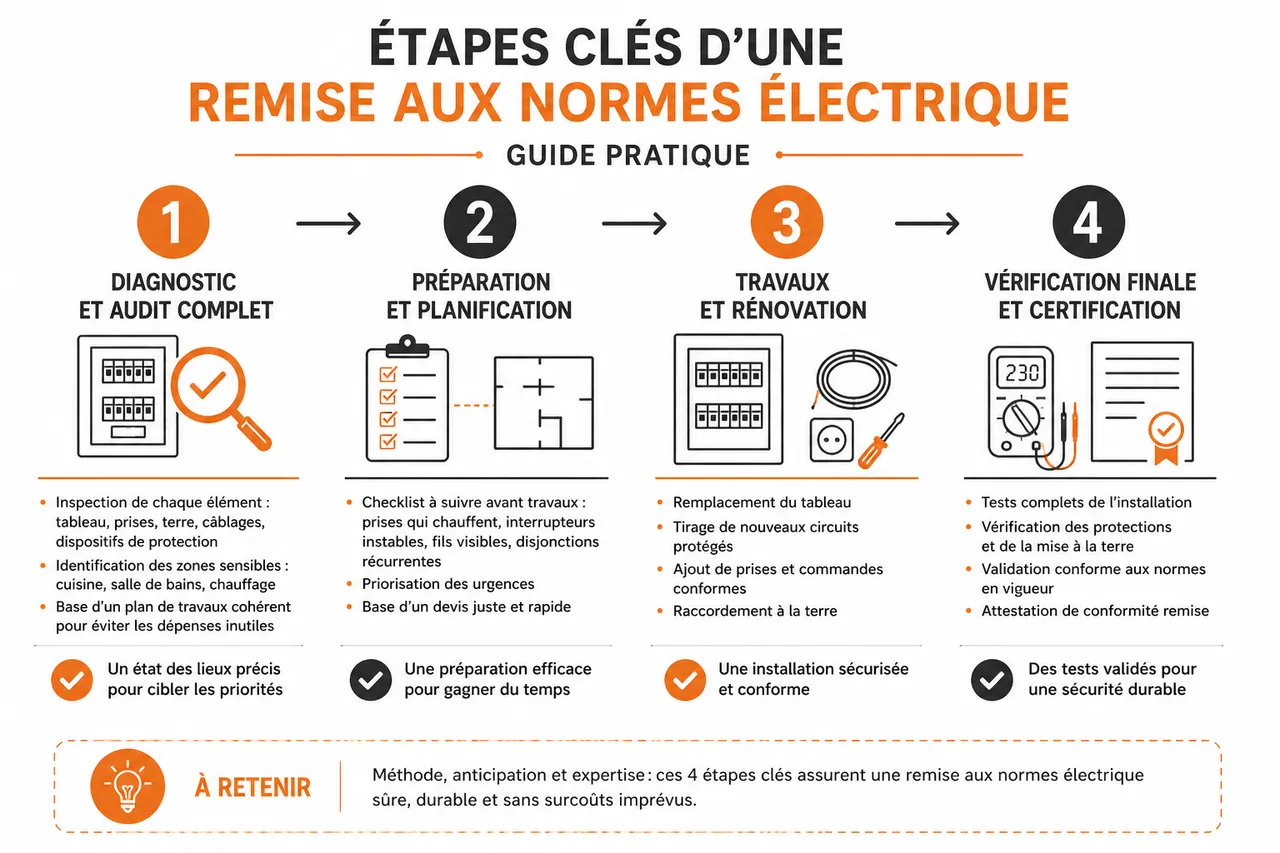 Remise aux normes électrique d’un logement ancien, les points à vérifier 3 Remise aux normes électrique d’un logement ancien, les points à vérifier , Étapes clés d’une remise aux normes électrique: guide pratique