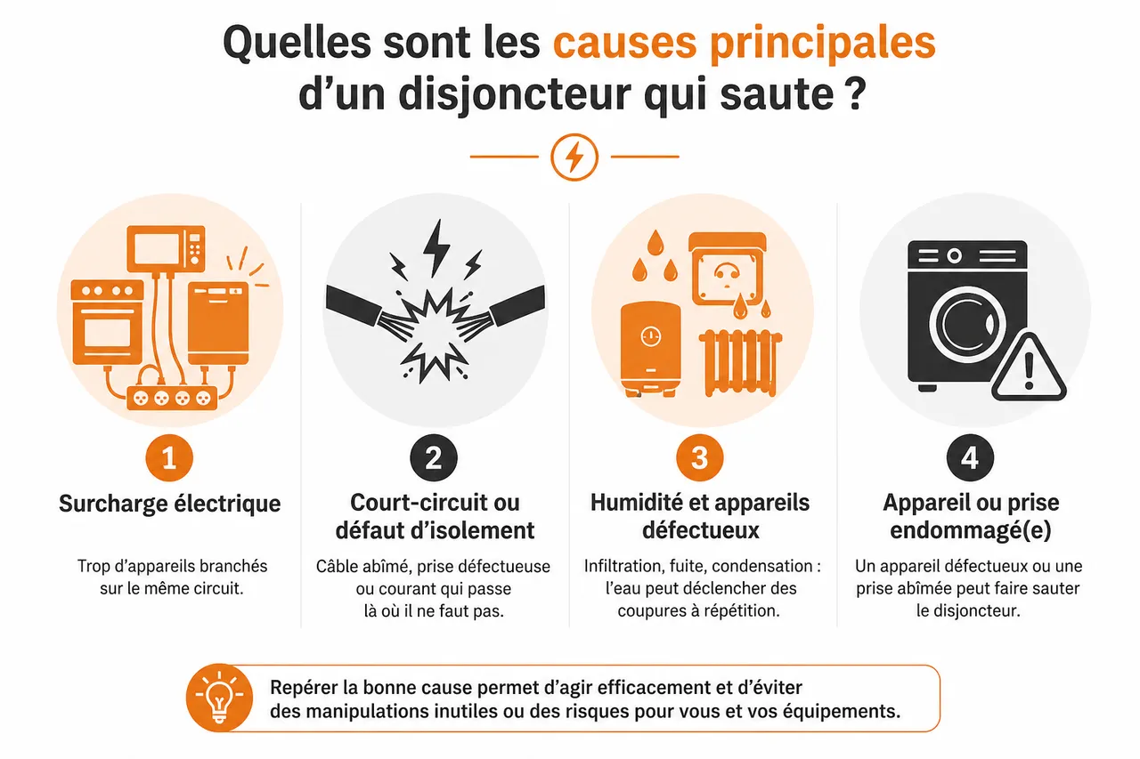 Disjoncteur qui saute sans arrêt, que regarder en premier ? 3 Disjoncteur qui saute sans arrêt, que regarder en premier? , Quelles sont les causes principales d’un disjoncteur qui saute?