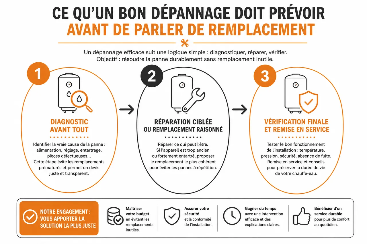 Dépannage de chauffe-eau en urgence sans mauvaise surprise 4 Dépannage de chauffe-eau en urgence sans mauvaise surprise , Ce qu’un bon dépannage doit prévoir avant de parler de remplacement